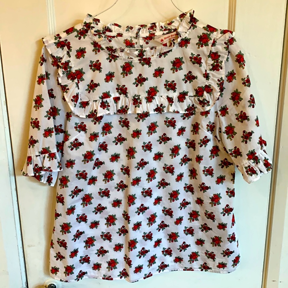 Brooks Brothers Size 4 White Floral Ruffle Blouse